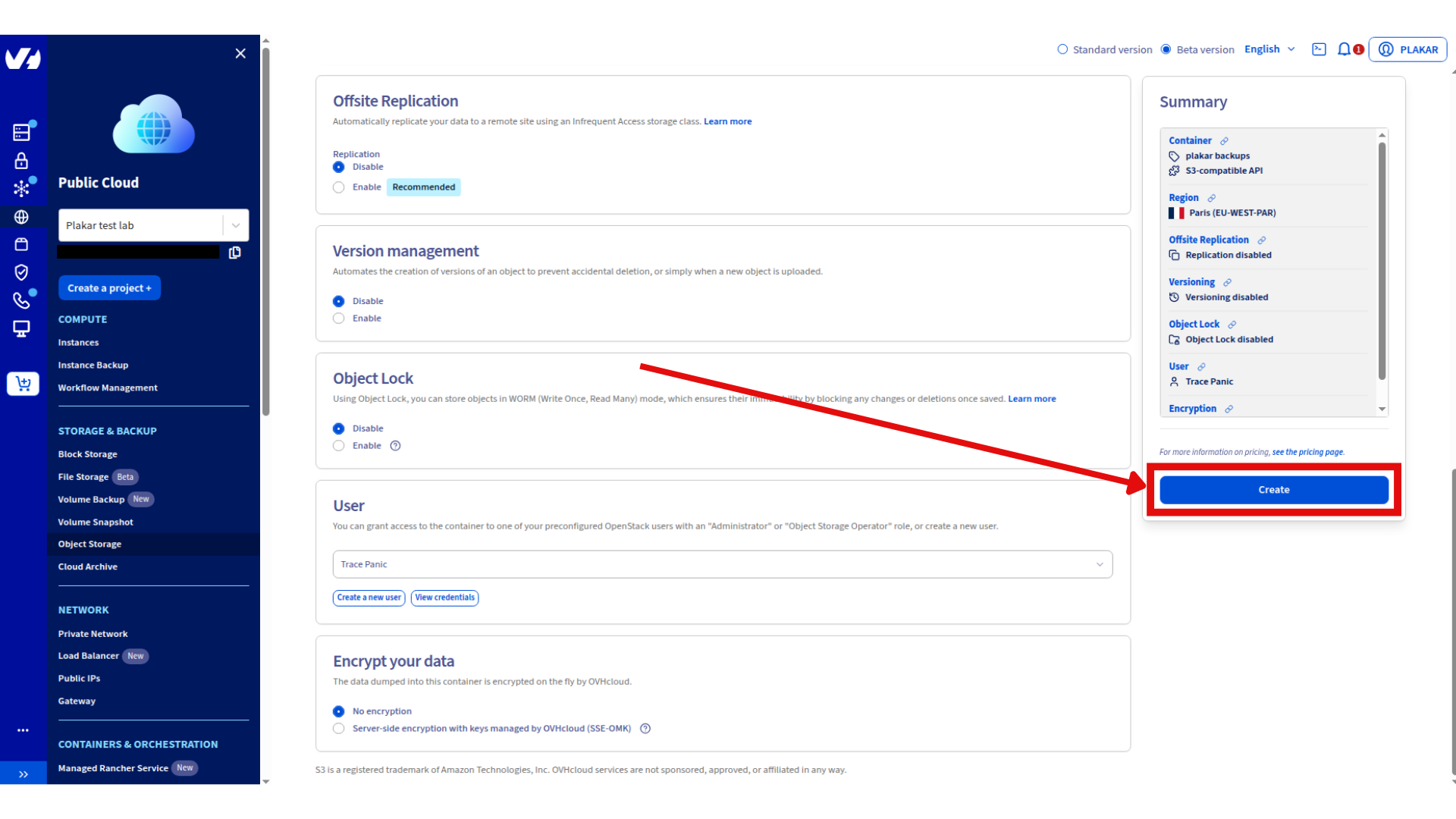 Create a new object storage